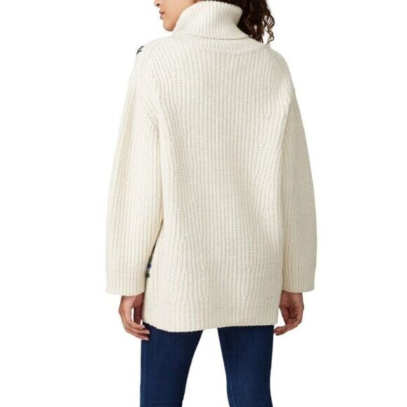 Tory Sport Merino Wool Striped Long Sleeve Turtleneck Chunky Knit Sweater Cream - Picture 2 of 9